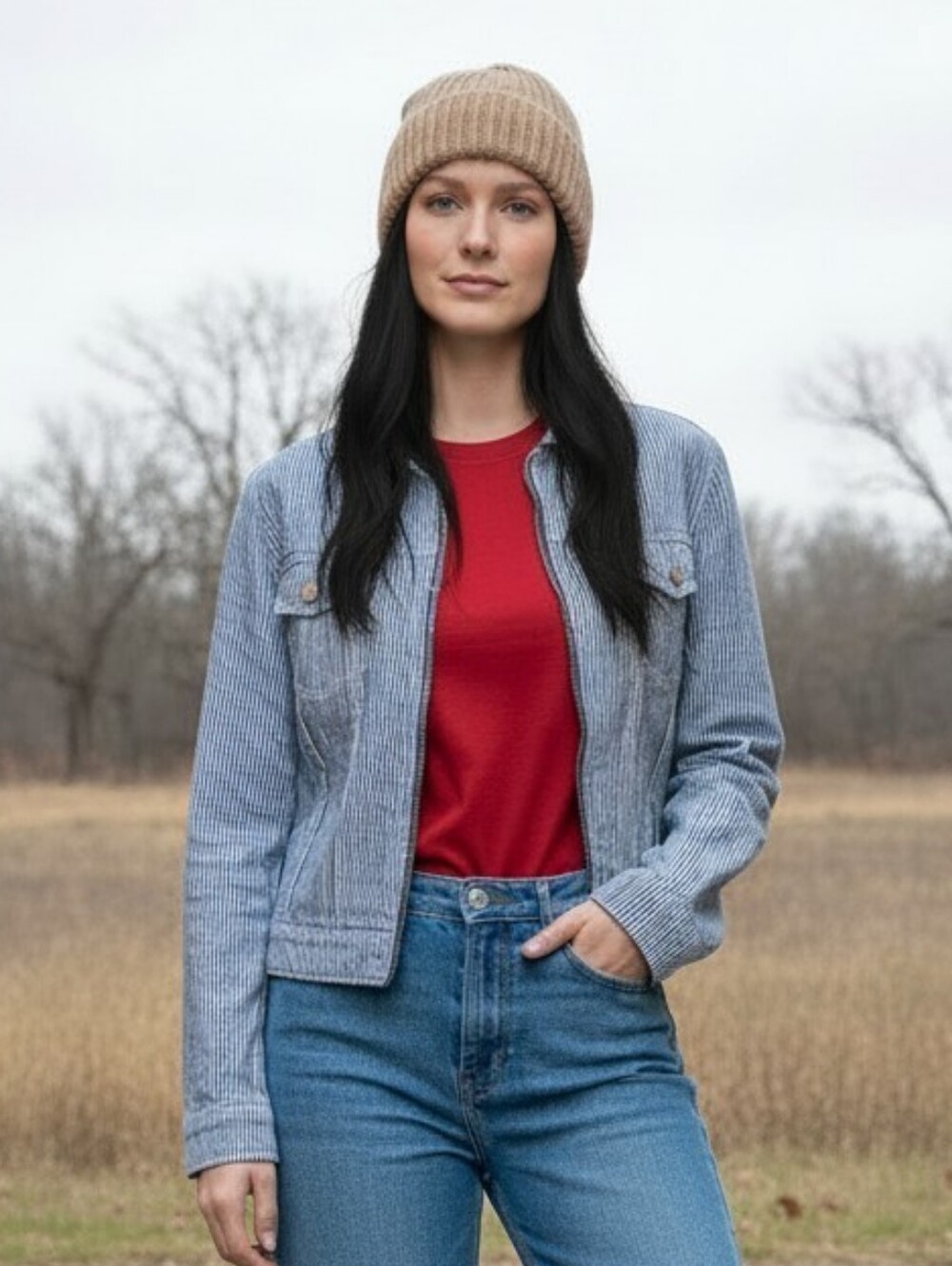 Norma Kamali Women’s Blue White Striped Denim Jacket